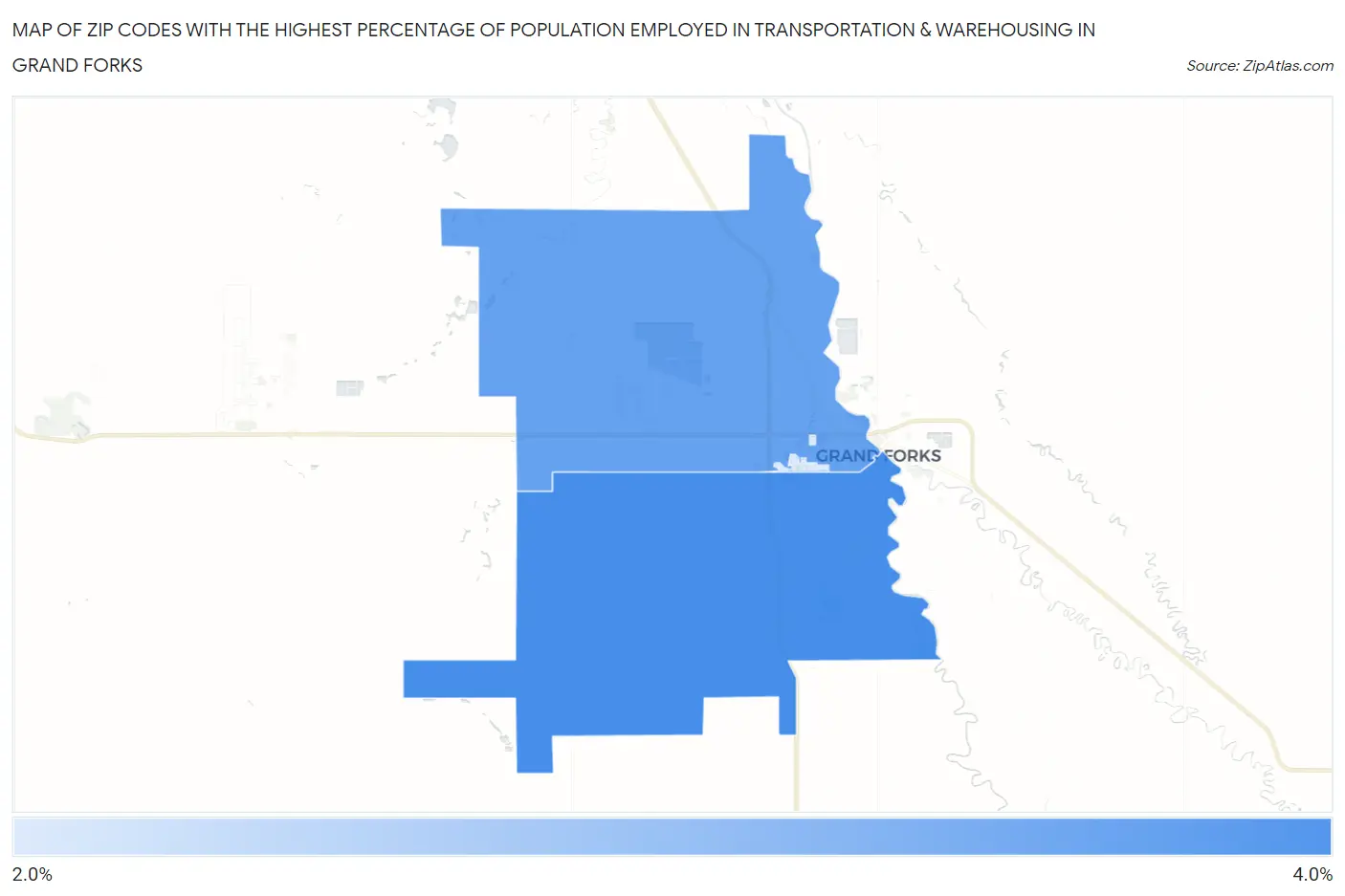 Zip Codes with the Highest Percentage of Population Employed in Transportation & Warehousing in Grand Forks Map