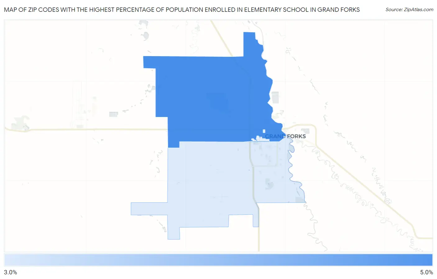 Zip Codes with the Highest Percentage of Population Enrolled in Elementary School in Grand Forks Map