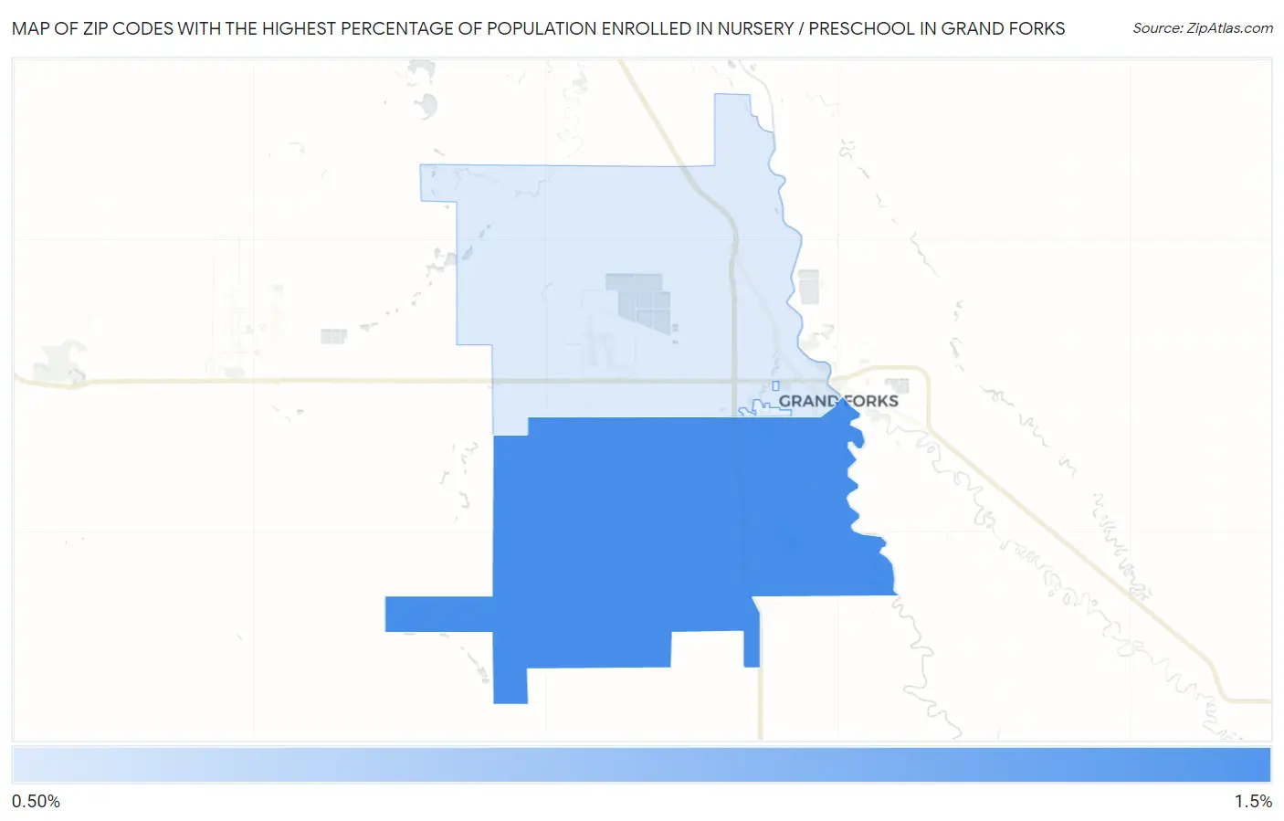 Zip Codes with the Highest Percentage of Population Enrolled in Nursery / Preschool in Grand Forks Map