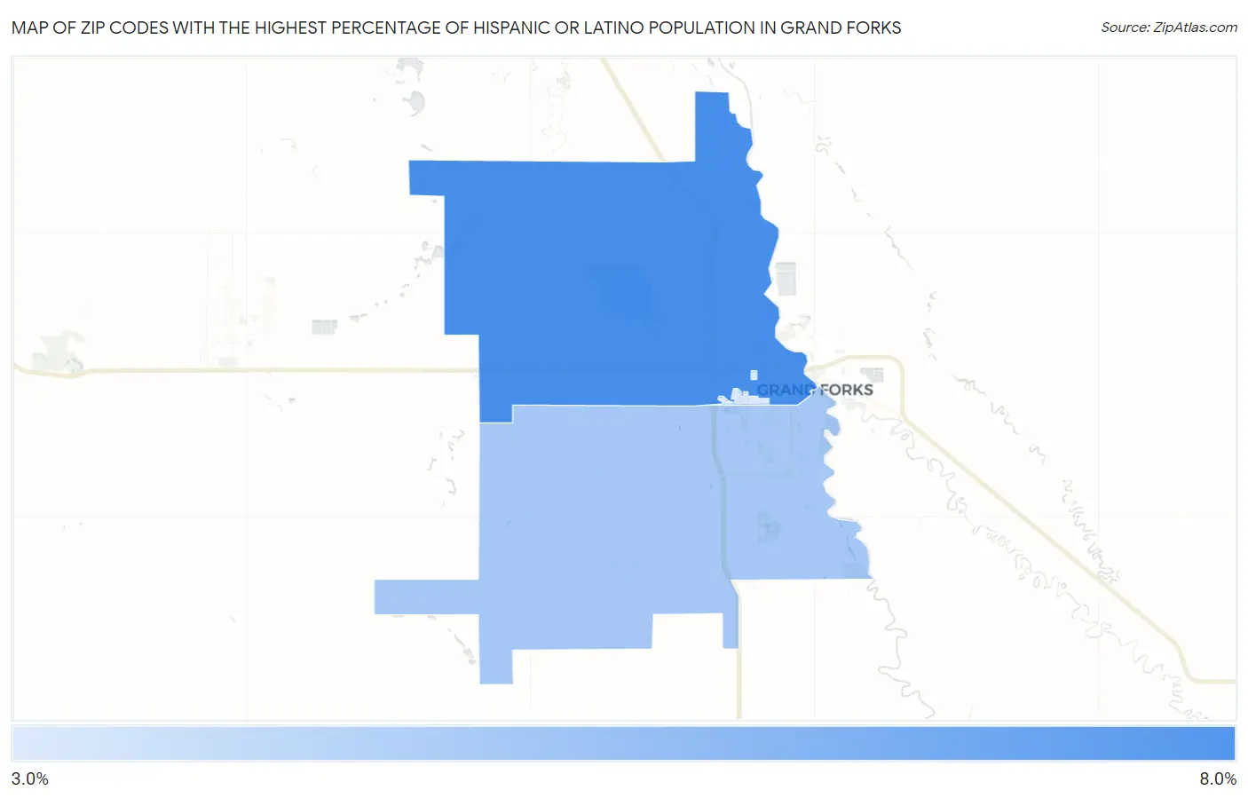 Zip Codes with the Highest Percentage of Hispanic or Latino Population in Grand Forks Map