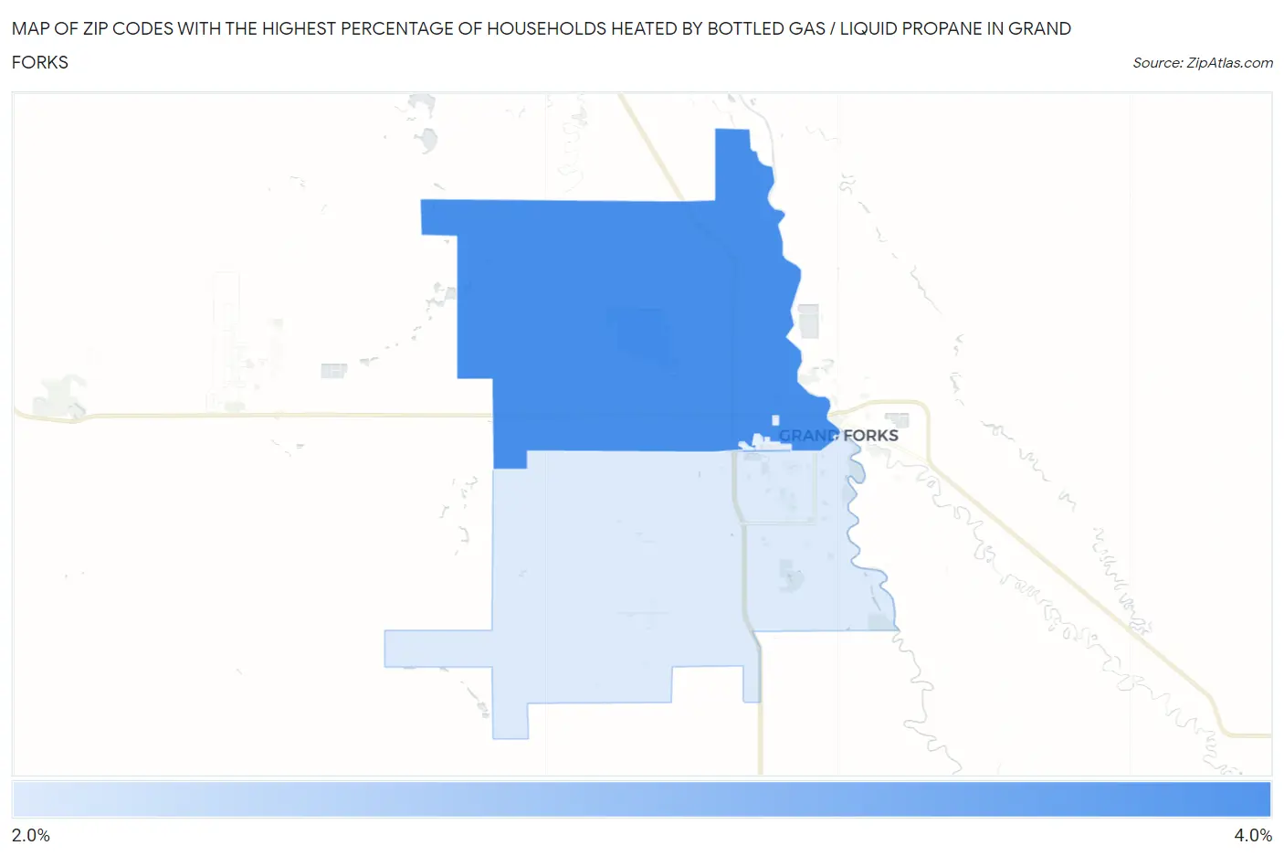 Zip Codes with the Highest Percentage of Households Heated by Bottled Gas / Liquid Propane in Grand Forks Map