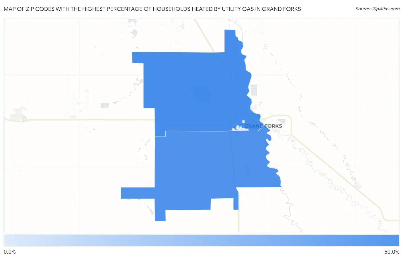 Zip Codes with the Highest Percentage of Households Heated by Utility Gas in Grand Forks Map
