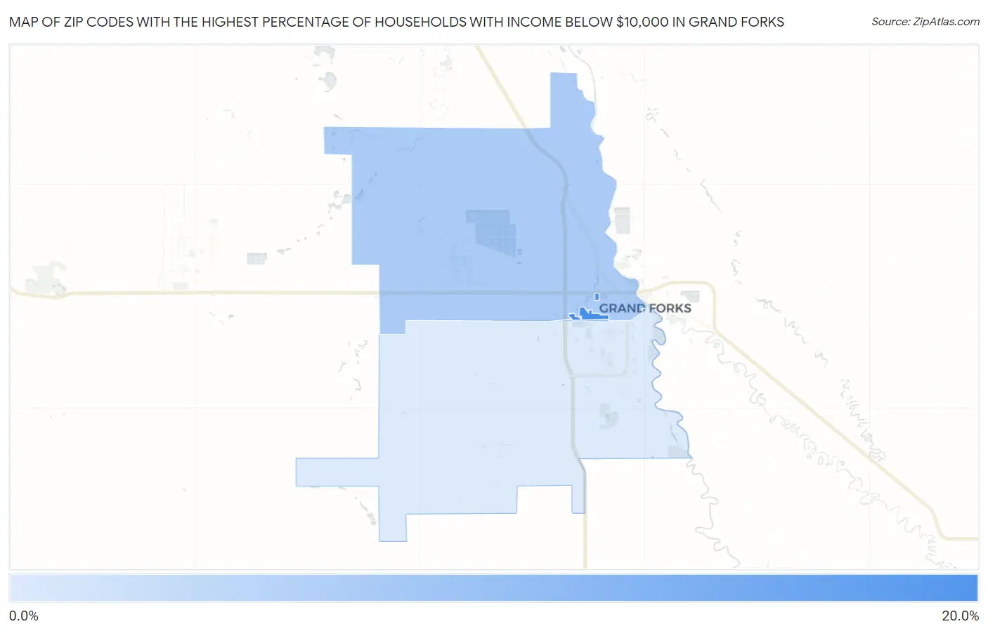 Zip Codes with the Highest Percentage of Households with Income Below $10,000 in Grand Forks Map