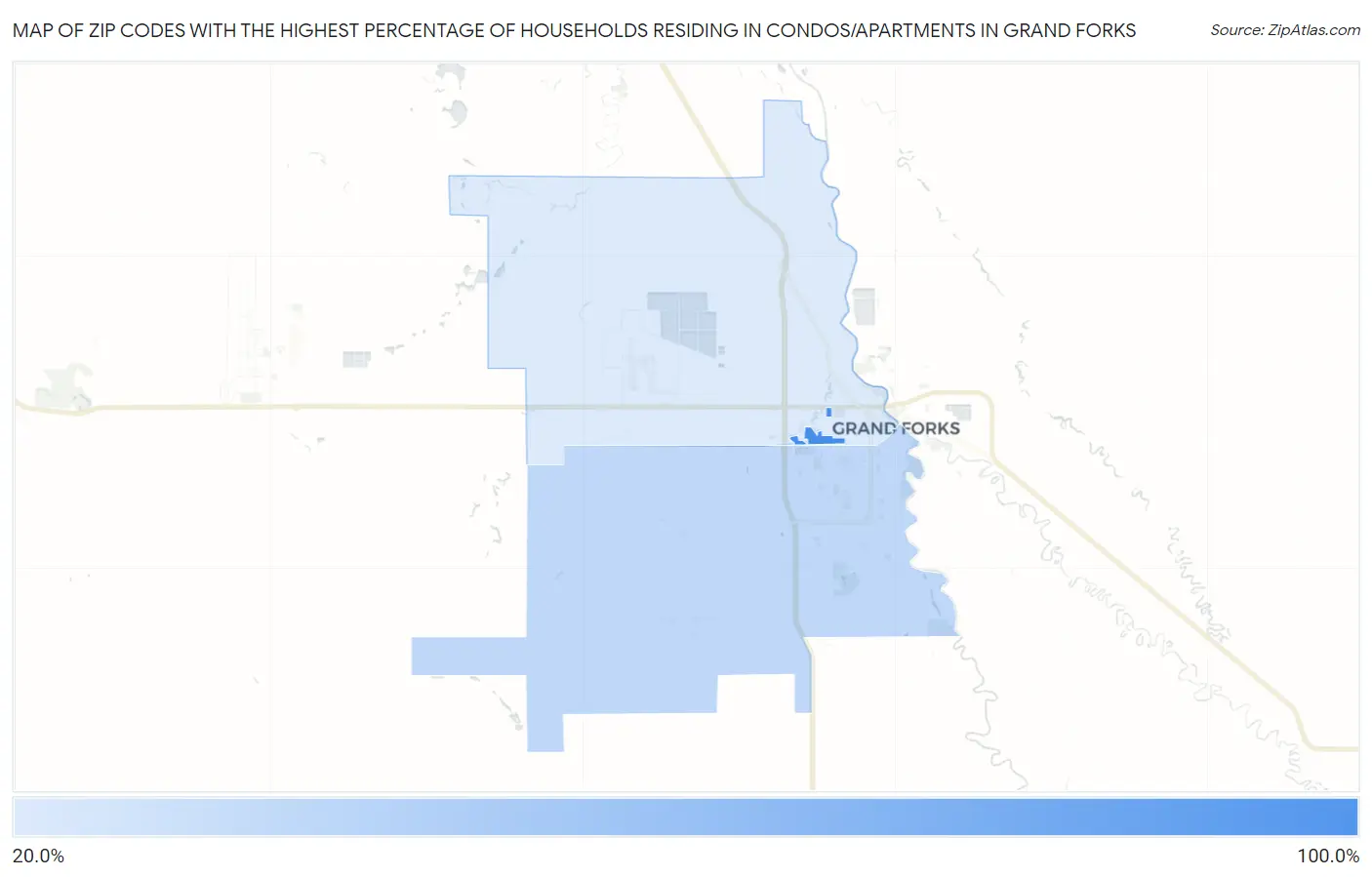 Zip Codes with the Highest Percentage of Households Residing in Condos/Apartments in Grand Forks Map