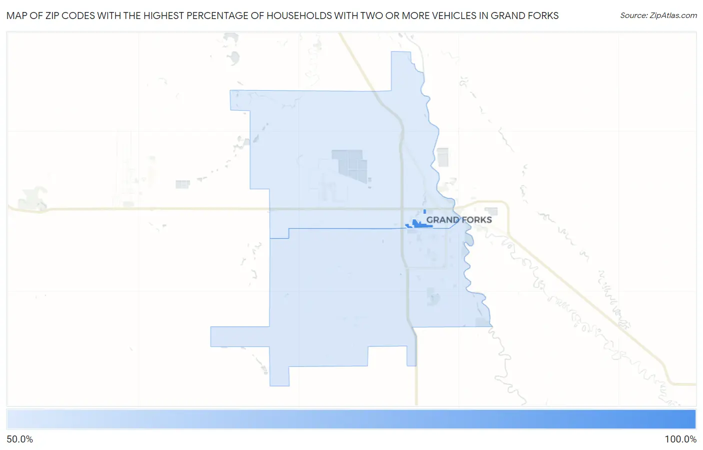 Zip Codes with the Highest Percentage of Households With Two or more Vehicles in Grand Forks Map
