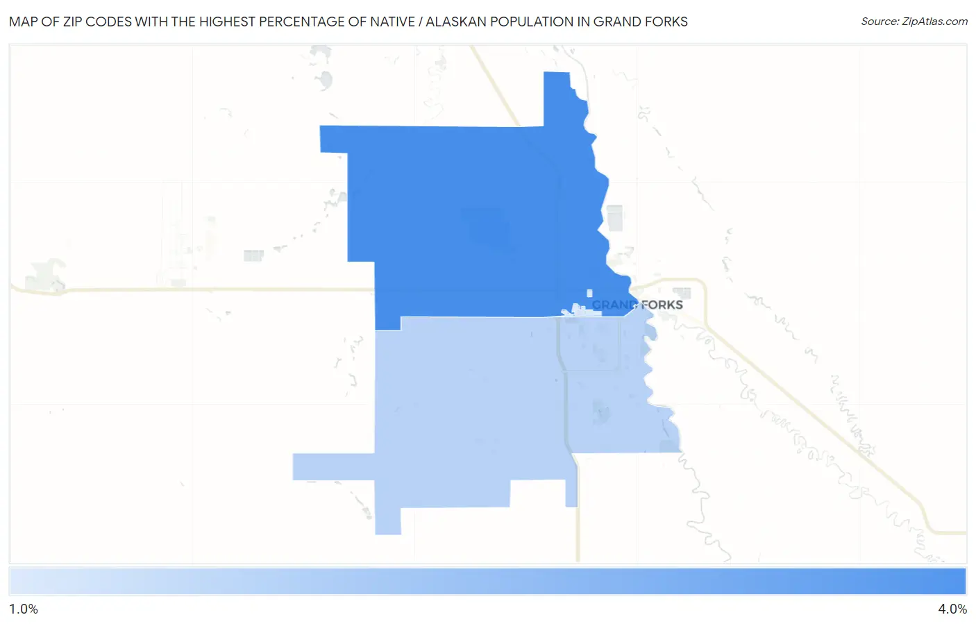 Zip Codes with the Highest Percentage of Native / Alaskan Population in Grand Forks Map