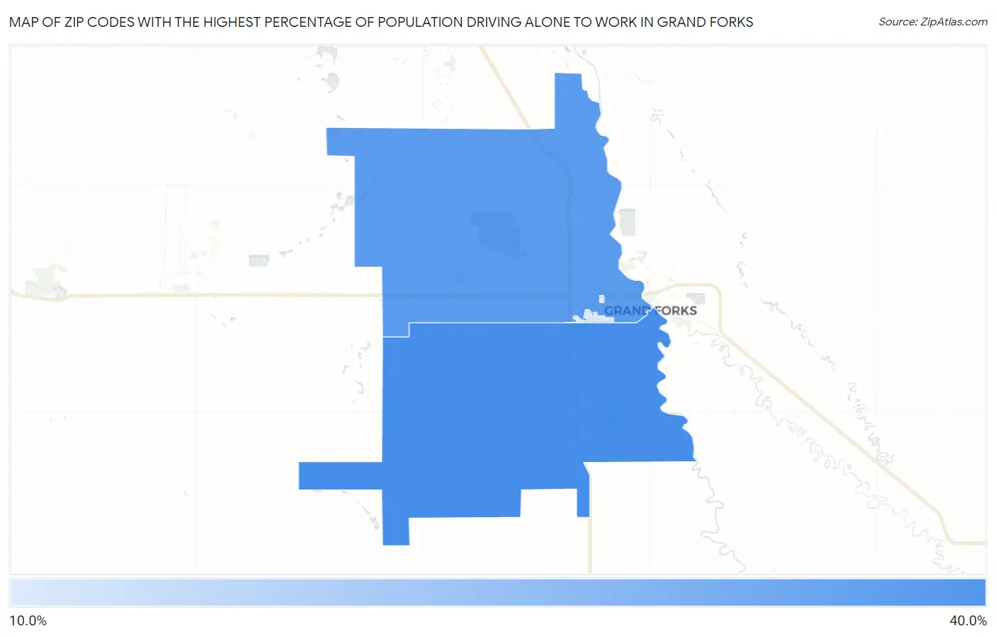 Zip Codes with the Highest Percentage of Population Driving Alone to Work in Grand Forks Map