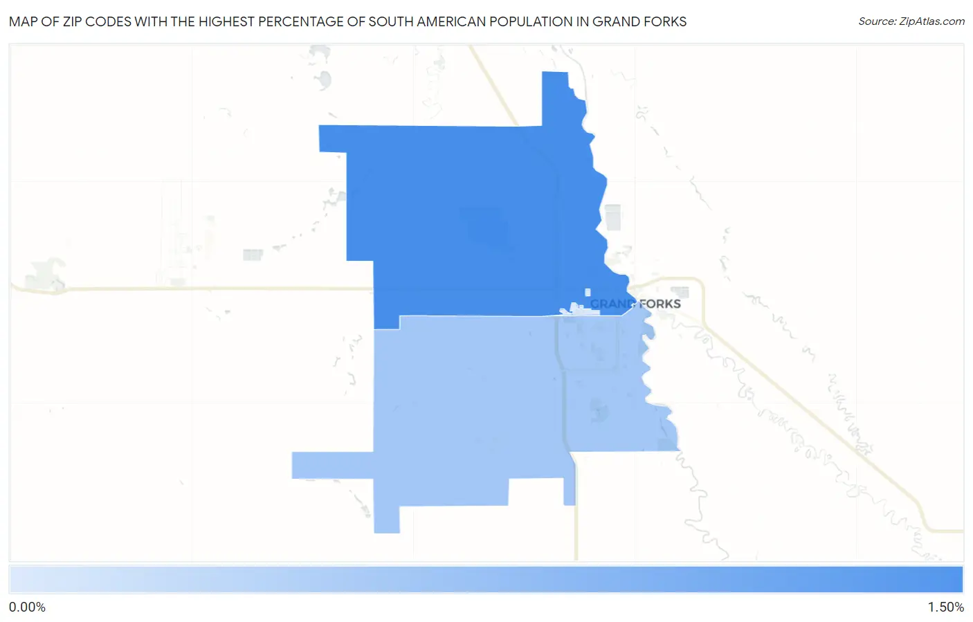 Zip Codes with the Highest Percentage of South American Population in Grand Forks Map