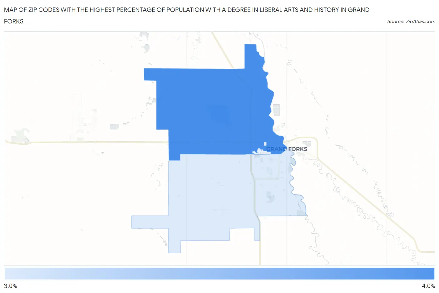 Zip Codes with the Highest Percentage of Population with a Degree in Liberal Arts and History in Grand Forks Map