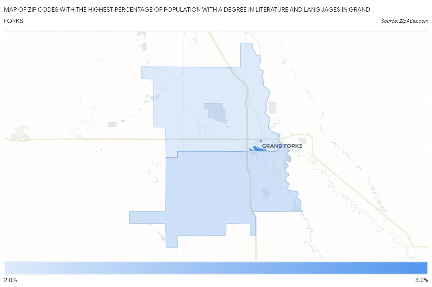 Zip Codes with the Highest Percentage of Population with a Degree in Literature and Languages in Grand Forks Map