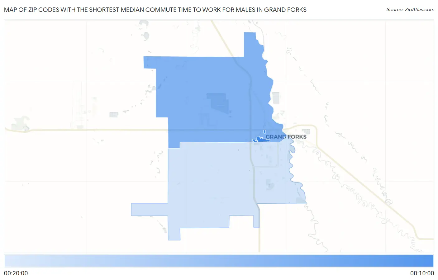 Zip Codes with the Shortest Median Commute Time to Work for Males in Grand Forks Map