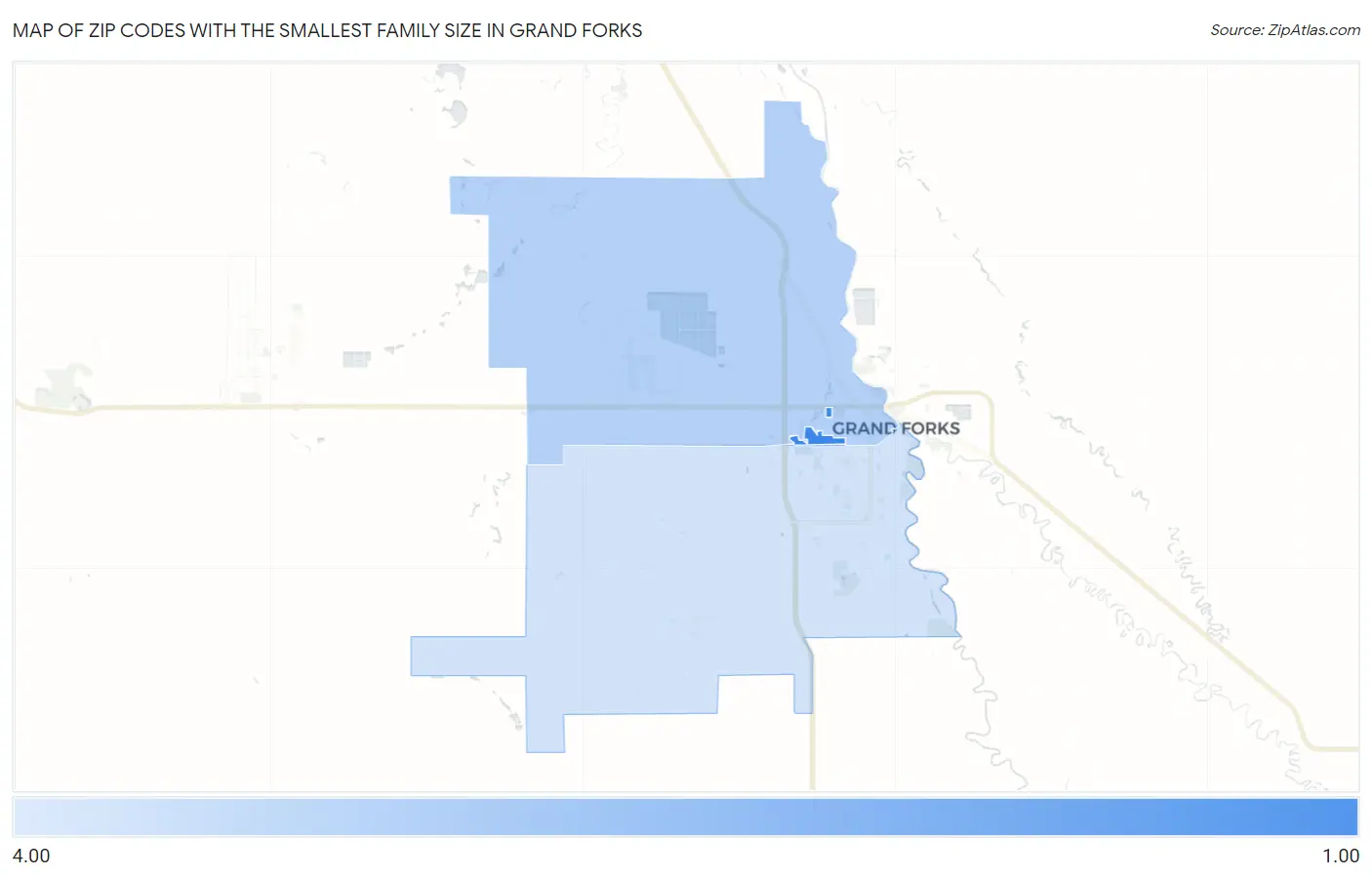 Zip Codes with the Smallest Family Size in Grand Forks Map
