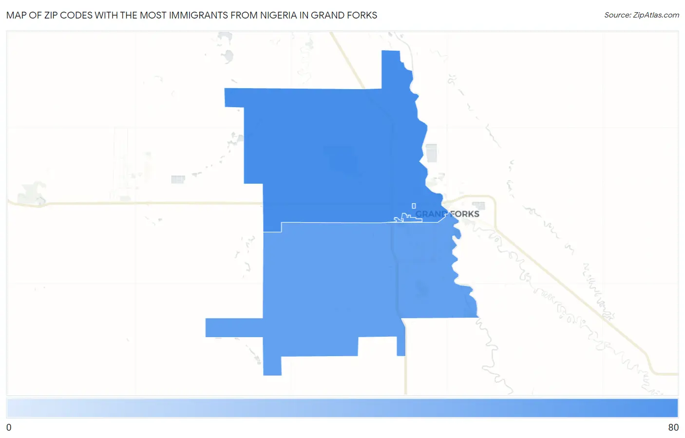 Zip Codes with the Most Immigrants from Nigeria in Grand Forks Map