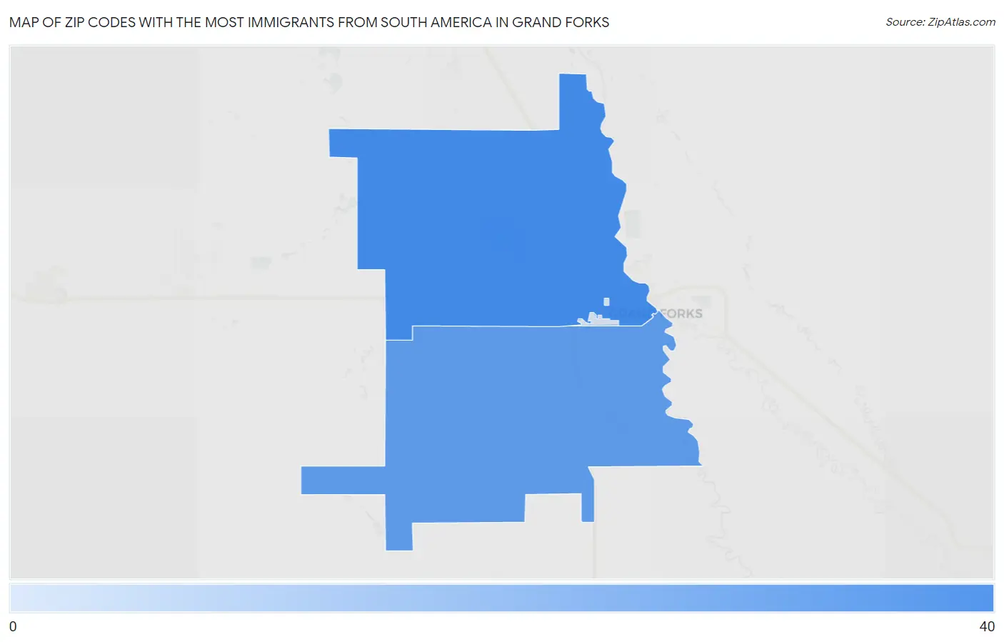 Zip Codes with the Most Immigrants from South America in Grand Forks Map