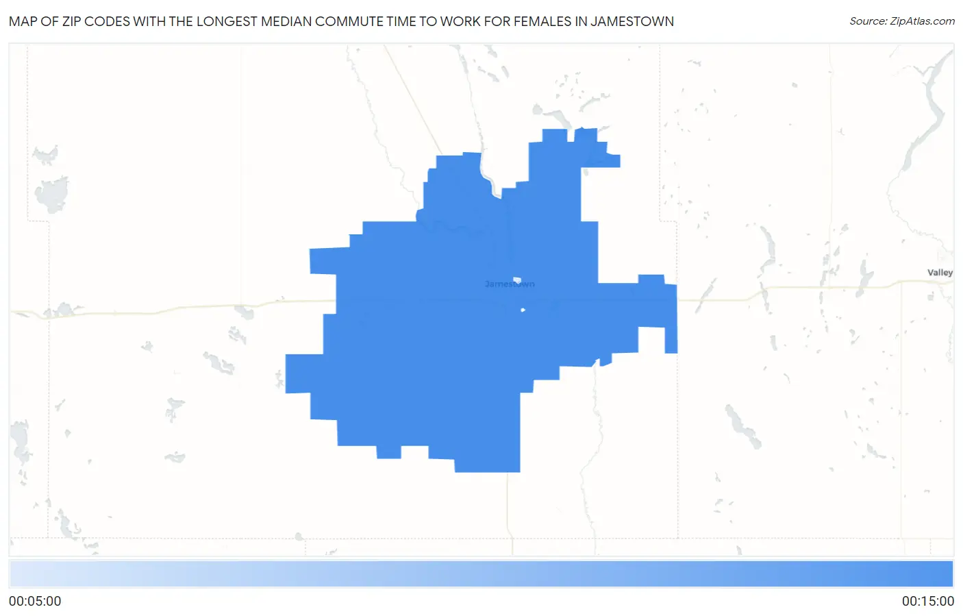 Zip Codes with the Longest Median Commute Time to Work for Females in Jamestown Map