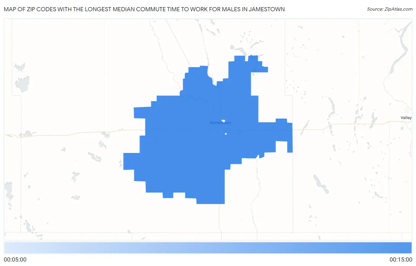 Zip Codes with the Longest Median Commute Time to Work for Males in Jamestown Map