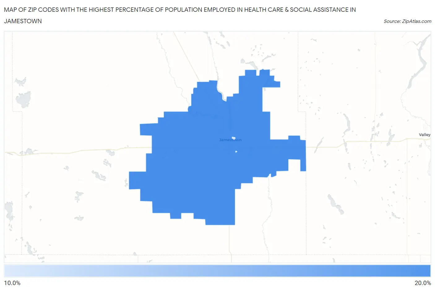 Zip Codes with the Highest Percentage of Population Employed in Health Care & Social Assistance in Jamestown Map