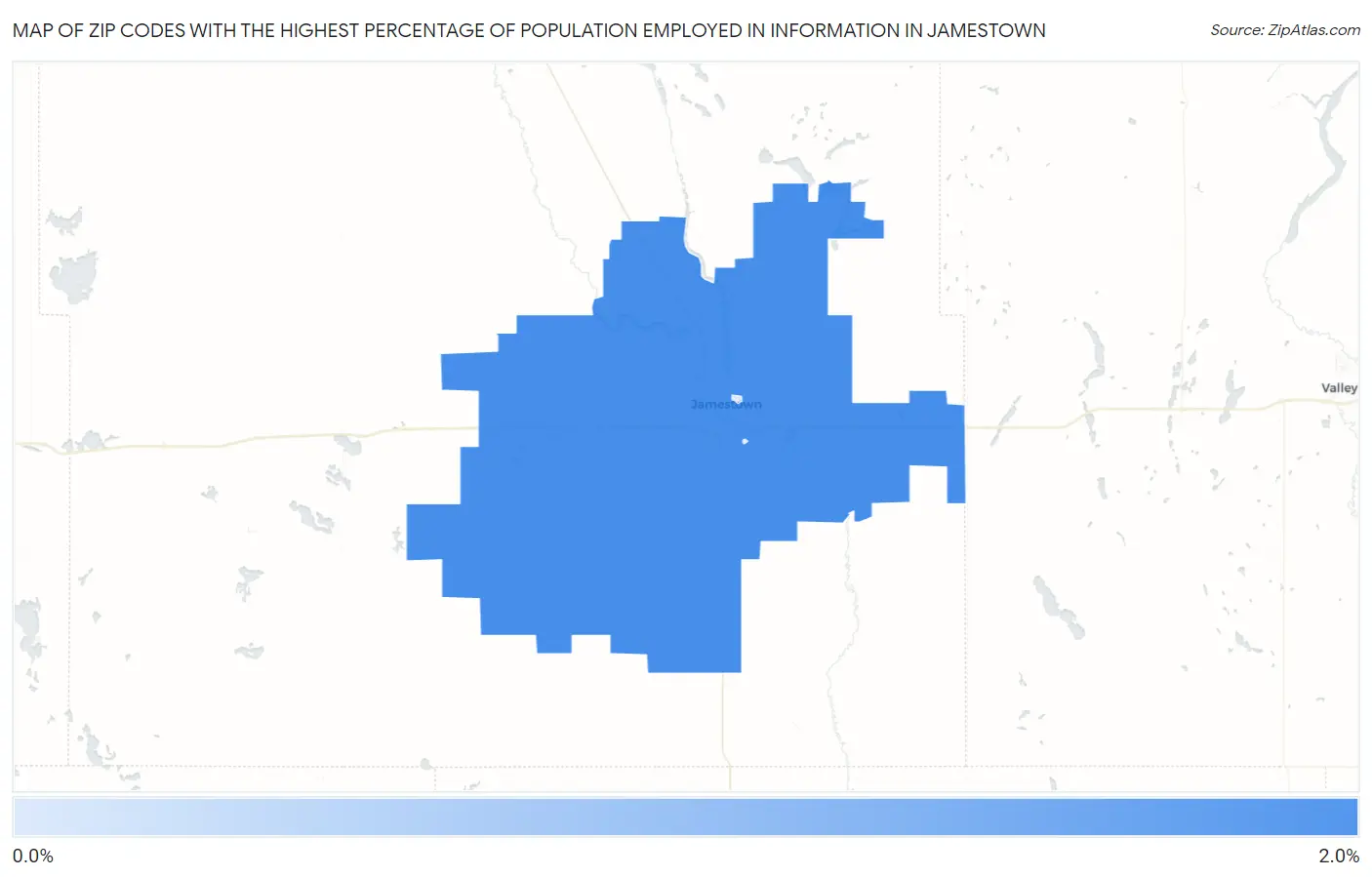 Zip Codes with the Highest Percentage of Population Employed in Information in Jamestown Map