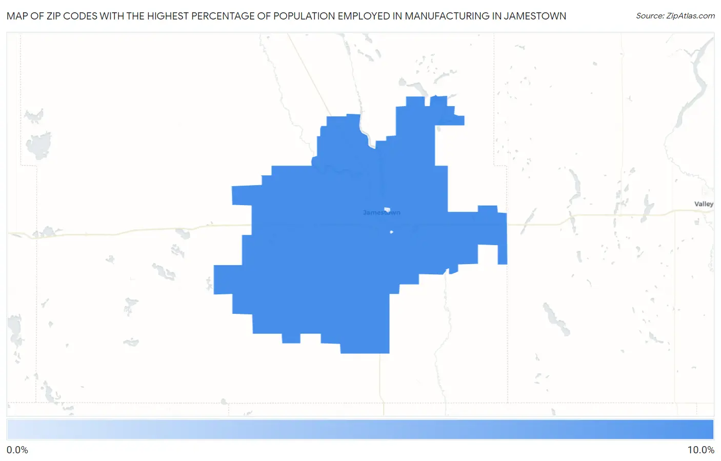 Zip Codes with the Highest Percentage of Population Employed in Manufacturing in Jamestown Map