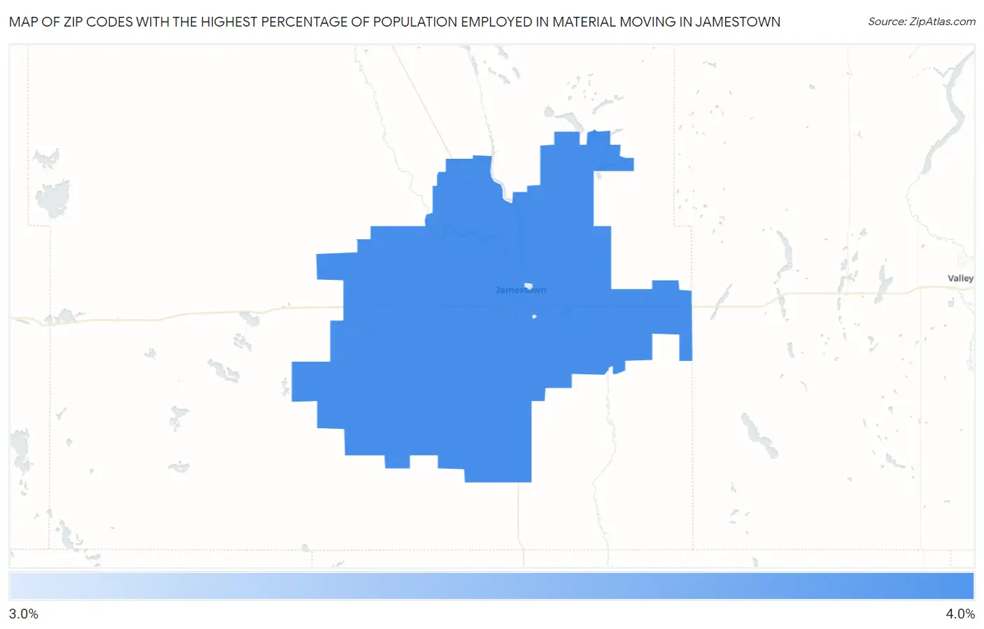 Zip Codes with the Highest Percentage of Population Employed in Material Moving in Jamestown Map