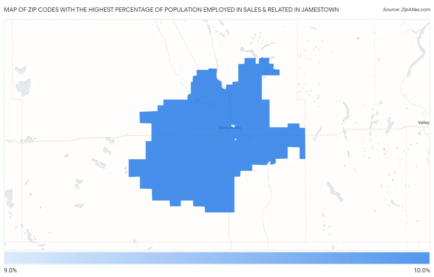 Zip Codes with the Highest Percentage of Population Employed in Sales & Related in Jamestown Map