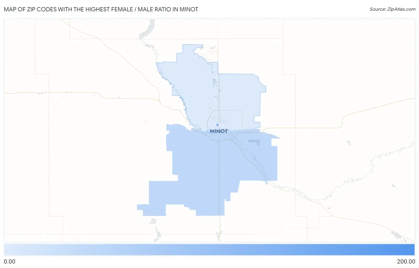 Zip Codes with the Highest Female / Male Ratio in Minot Map