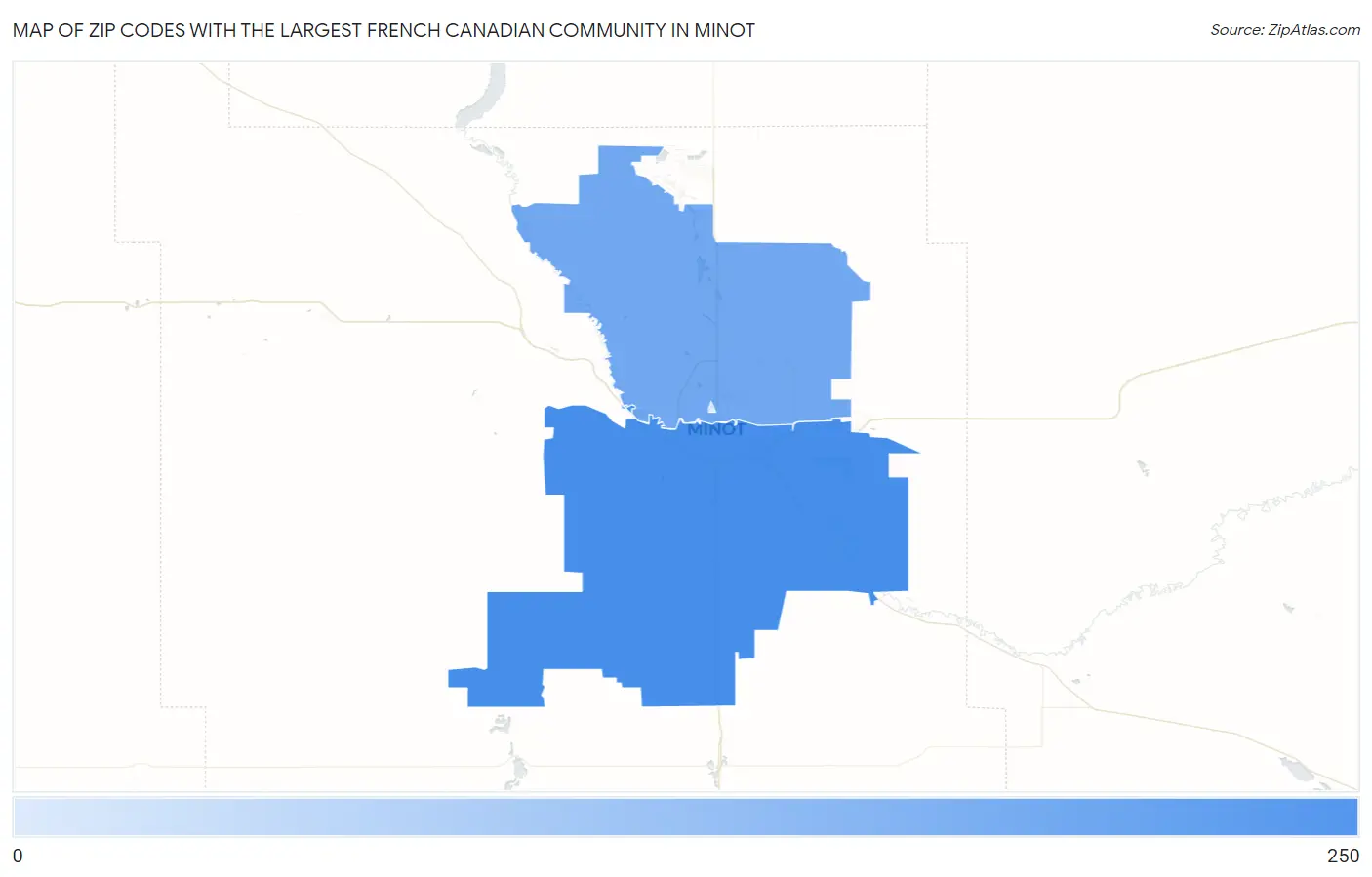 Zip Codes with the Largest French Canadian Community in Minot Map