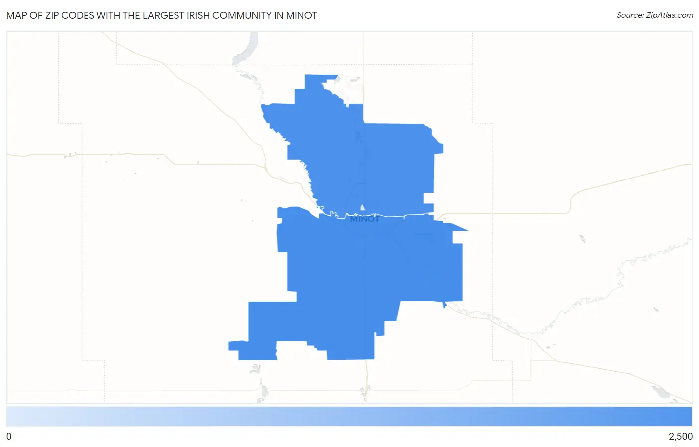 Zip Codes with the Largest Irish Community in Minot Map