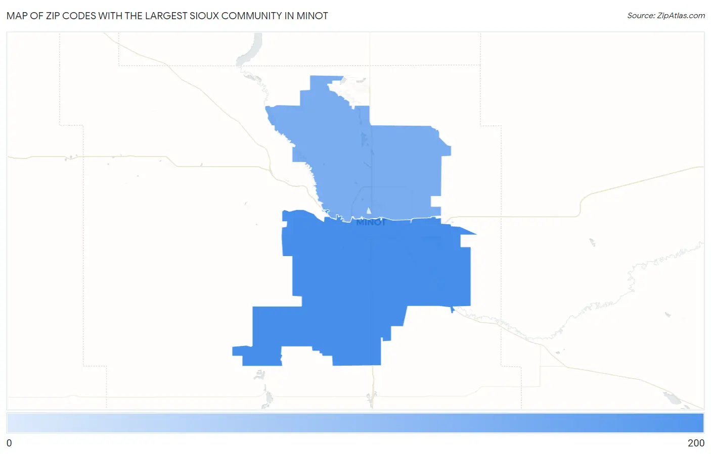 Zip Codes with the Largest Sioux Community in Minot Map