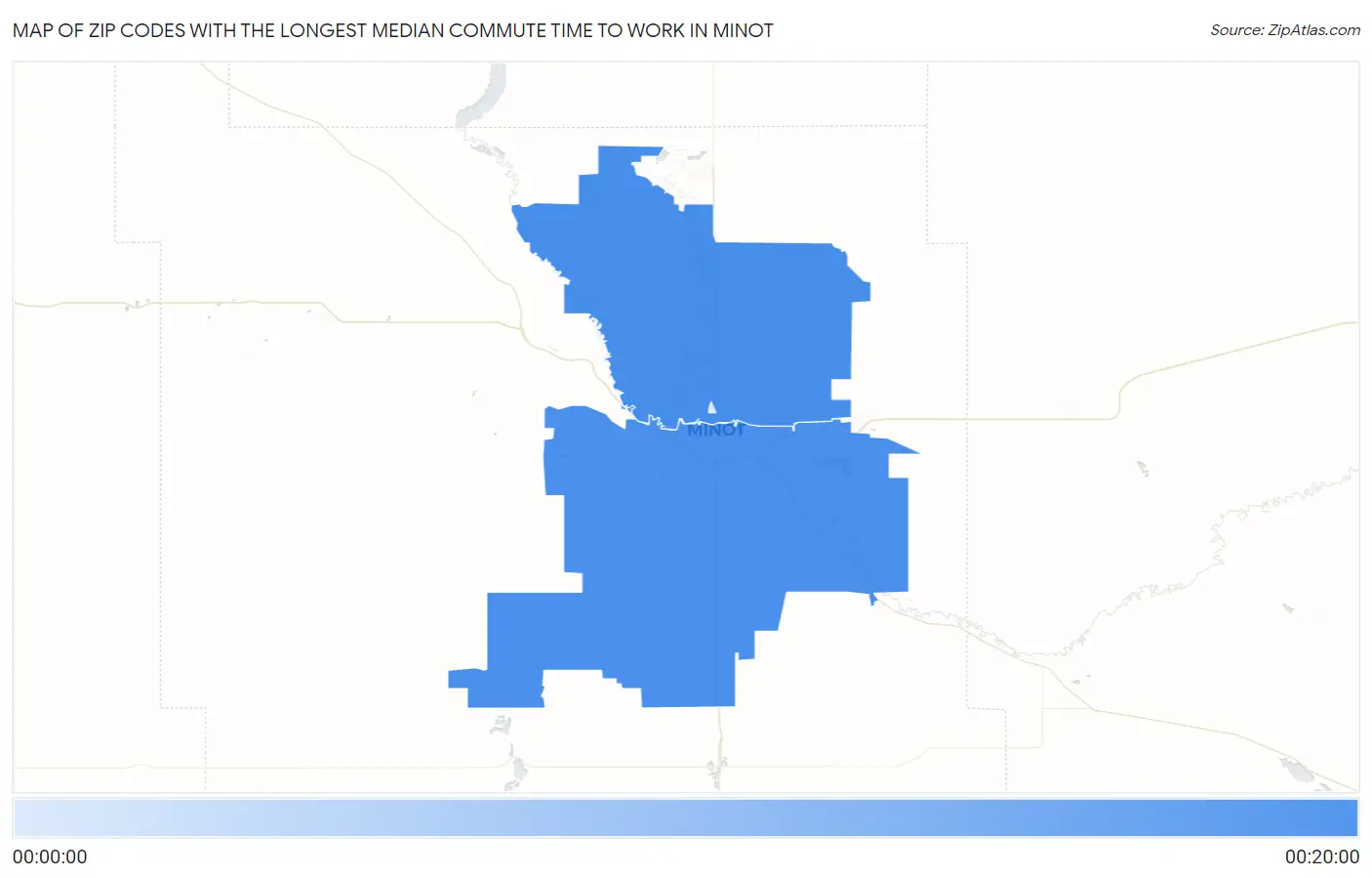 Zip Codes with the Longest Median Commute Time to Work in Minot Map