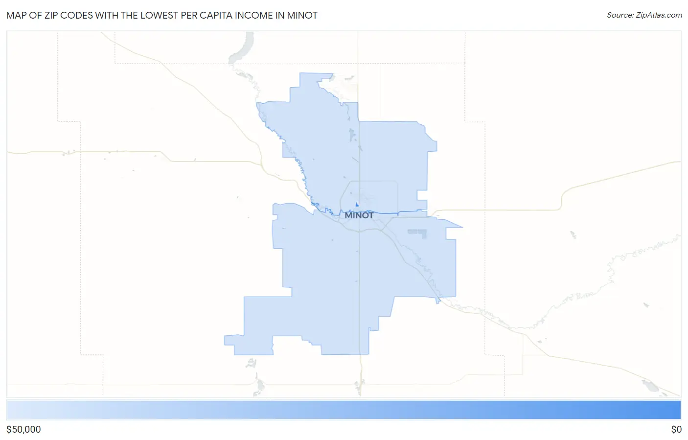 Zip Codes with the Lowest Per Capita Income in Minot Map