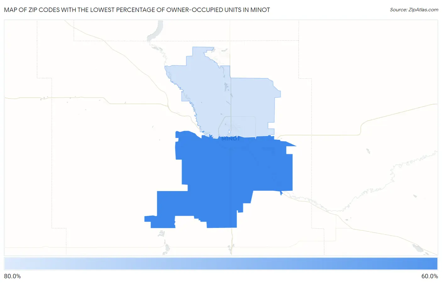 Zip Codes with the Lowest Percentage of Owner-Occupied Units in Minot Map