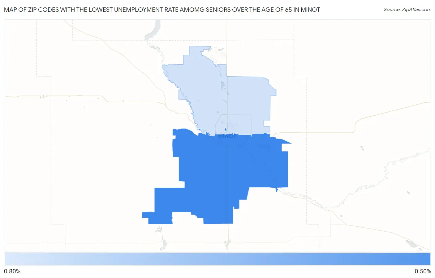 Zip Codes with the Lowest Unemployment Rate Amomg Seniors Over the Age of 65 in Minot Map