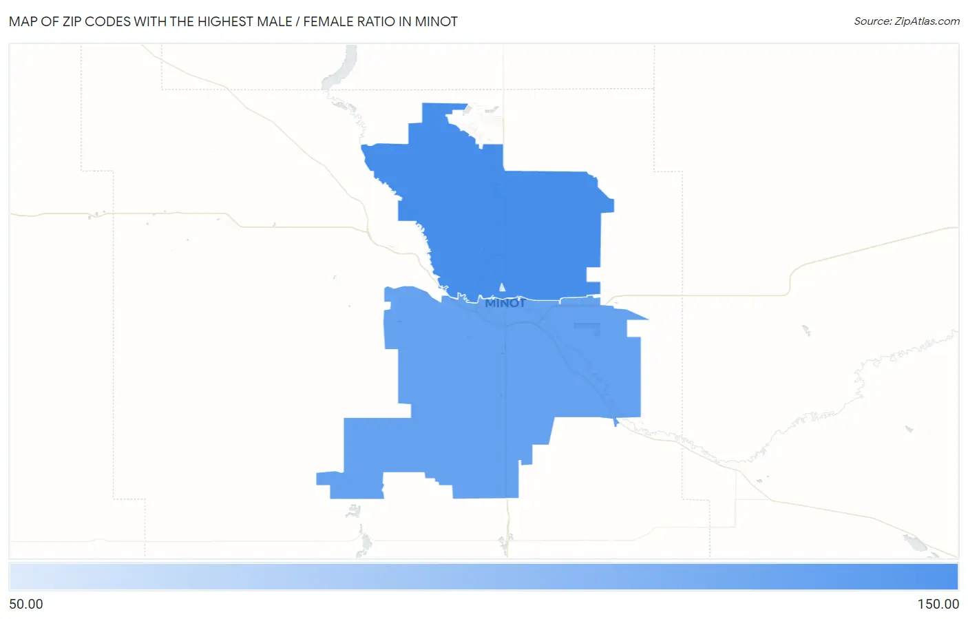 Zip Codes with the Highest Male / Female Ratio in Minot Map