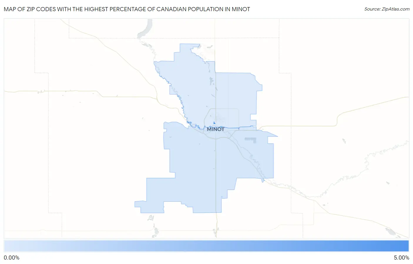 Zip Codes with the Highest Percentage of Canadian Population in Minot Map