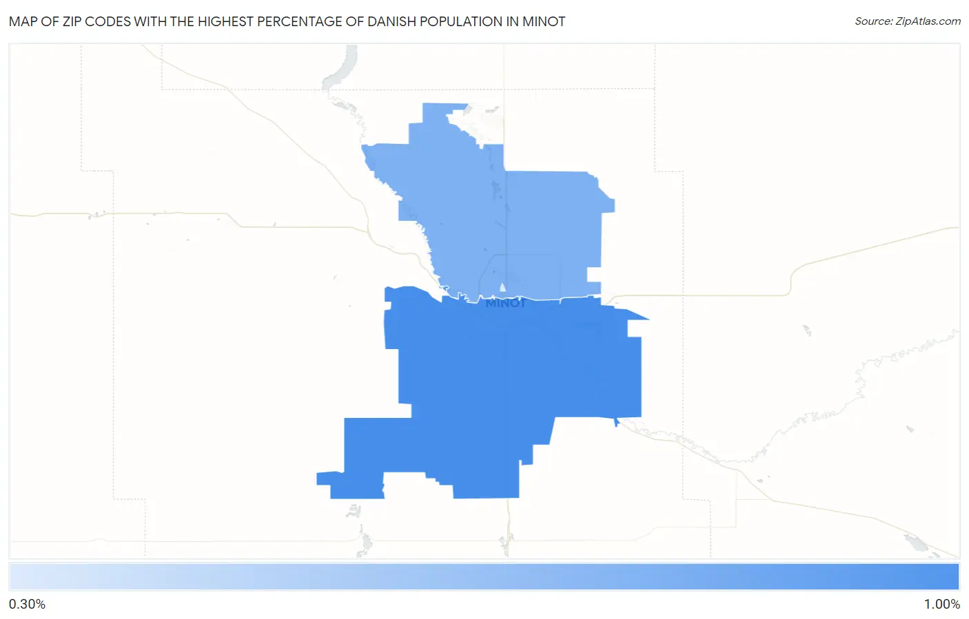 Zip Codes with the Highest Percentage of Danish Population in Minot Map
