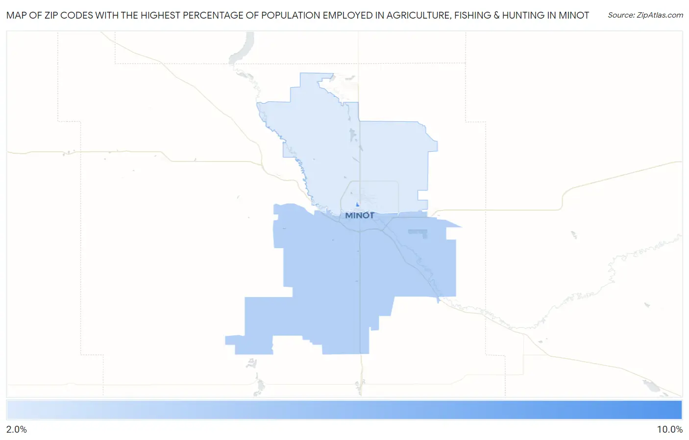 Zip Codes with the Highest Percentage of Population Employed in Agriculture, Fishing & Hunting in Minot Map