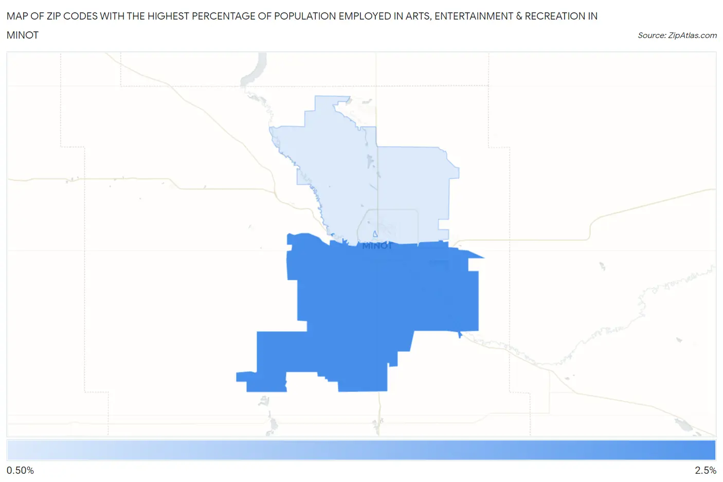 Zip Codes with the Highest Percentage of Population Employed in Arts, Entertainment & Recreation in Minot Map
