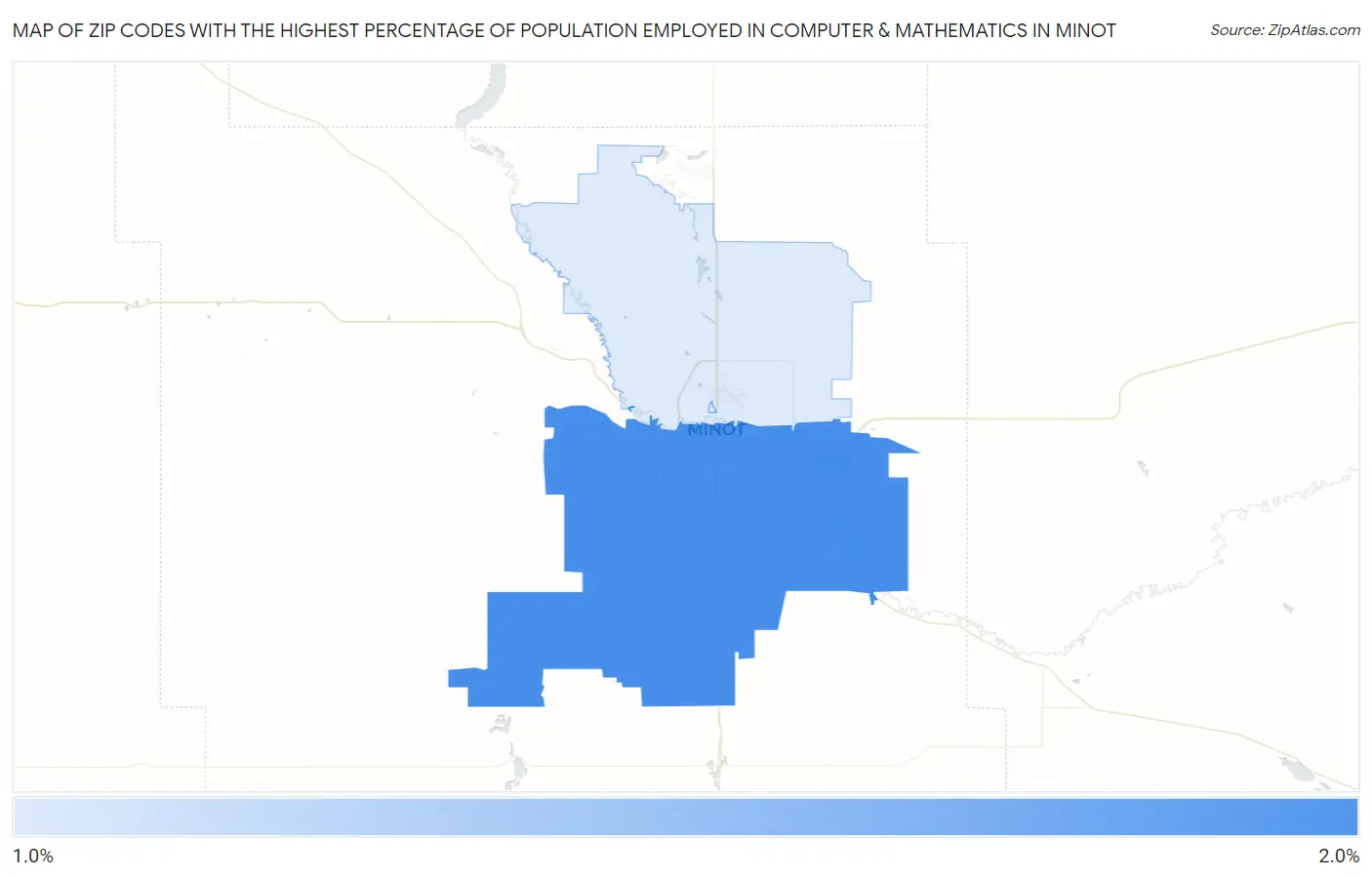 Zip Codes with the Highest Percentage of Population Employed in Computer & Mathematics in Minot Map
