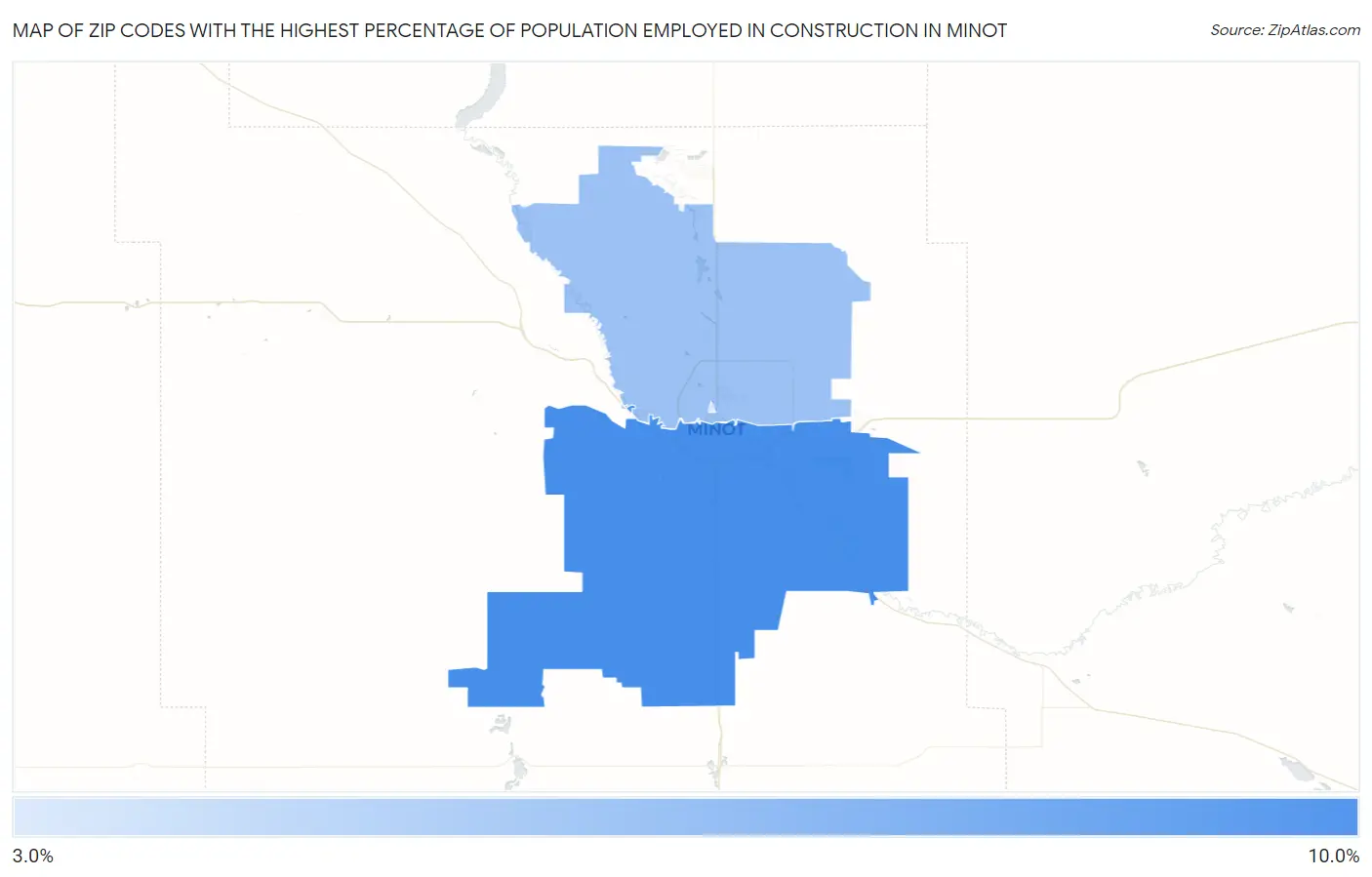 Zip Codes with the Highest Percentage of Population Employed in Construction in Minot Map