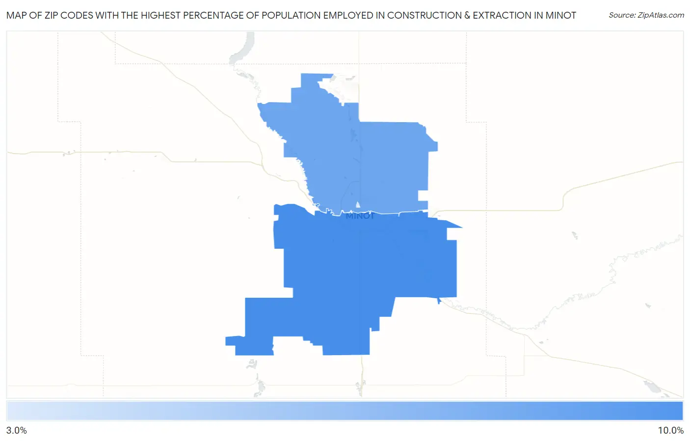 Zip Codes with the Highest Percentage of Population Employed in Construction & Extraction in Minot Map