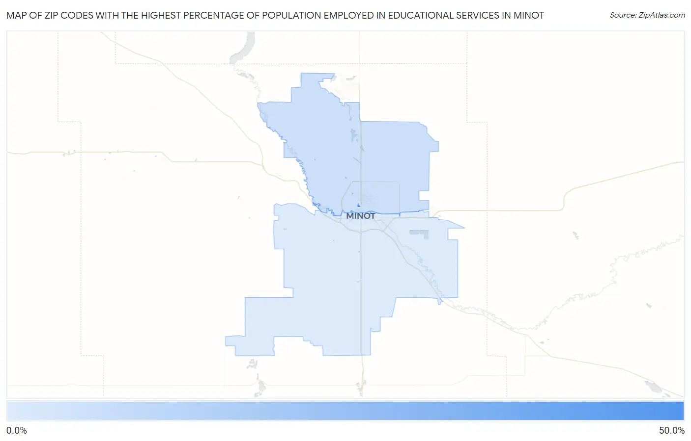 Zip Codes with the Highest Percentage of Population Employed in Educational Services in Minot Map