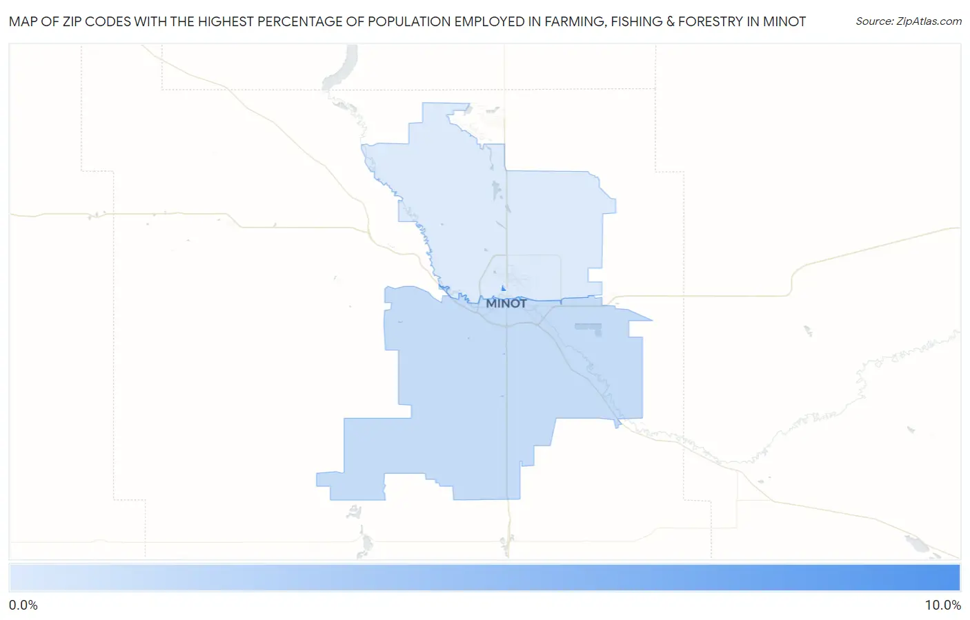 Zip Codes with the Highest Percentage of Population Employed in Farming, Fishing & Forestry in Minot Map