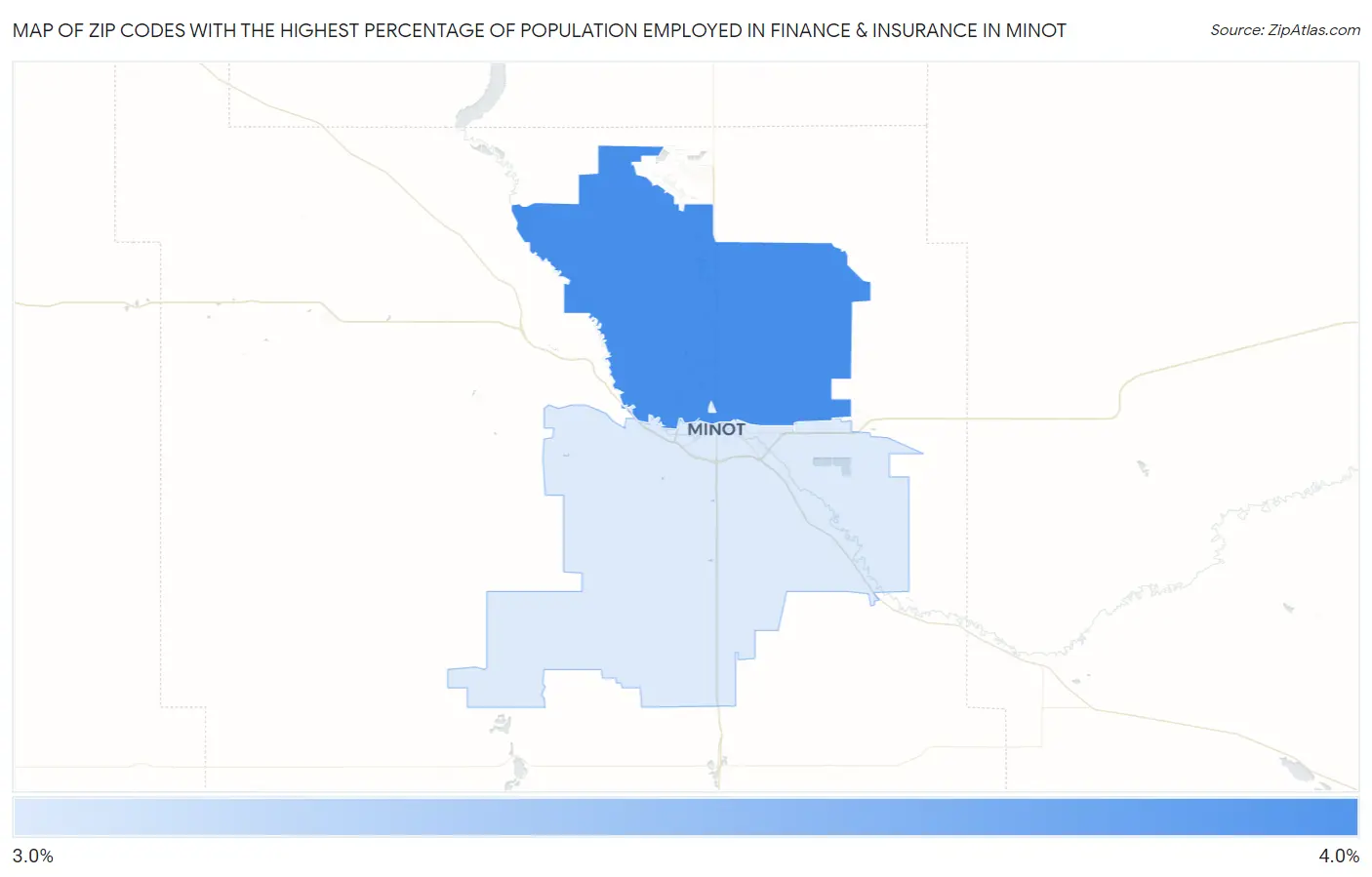 Zip Codes with the Highest Percentage of Population Employed in Finance & Insurance in Minot Map