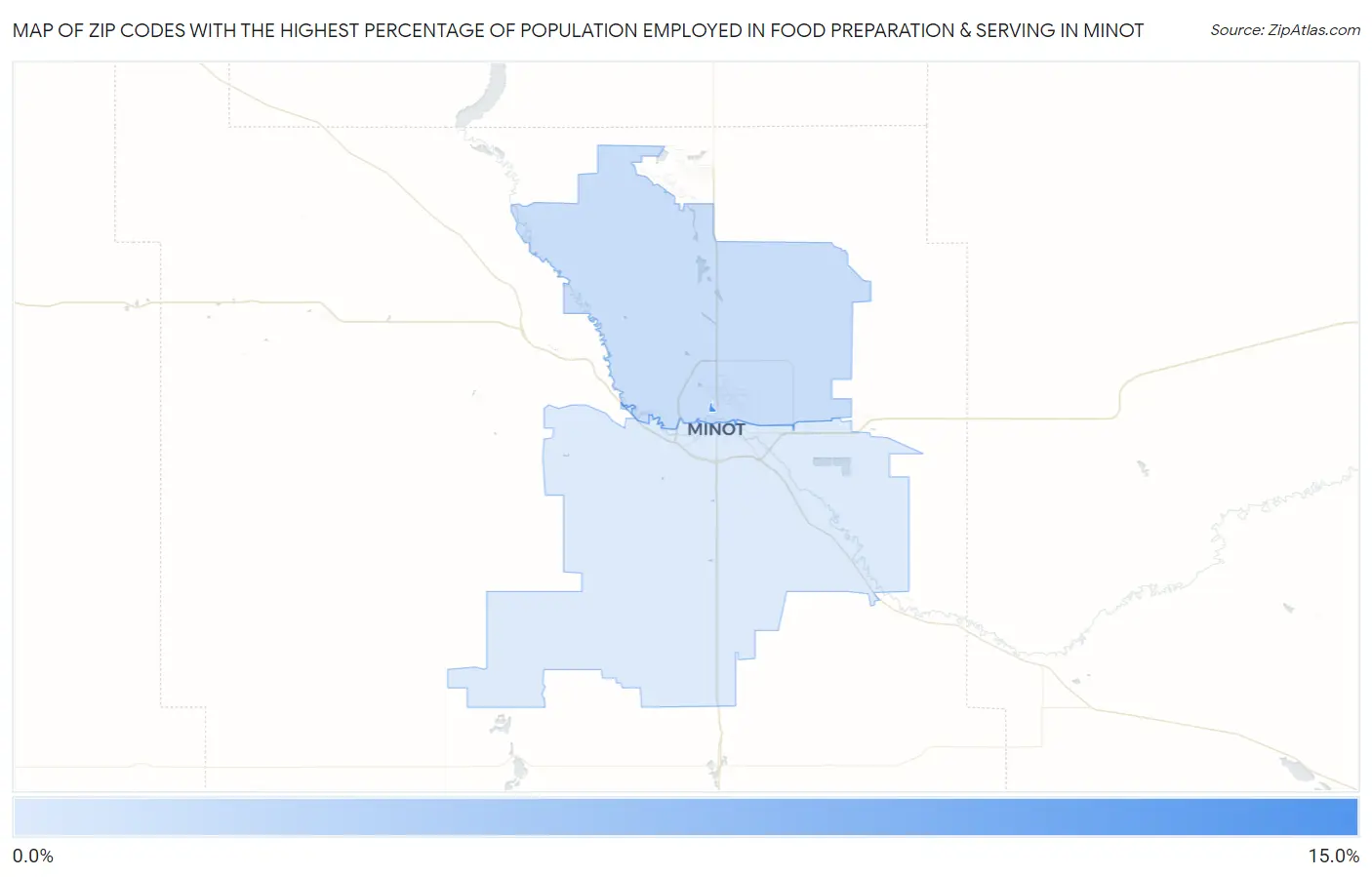 Zip Codes with the Highest Percentage of Population Employed in Food Preparation & Serving in Minot Map