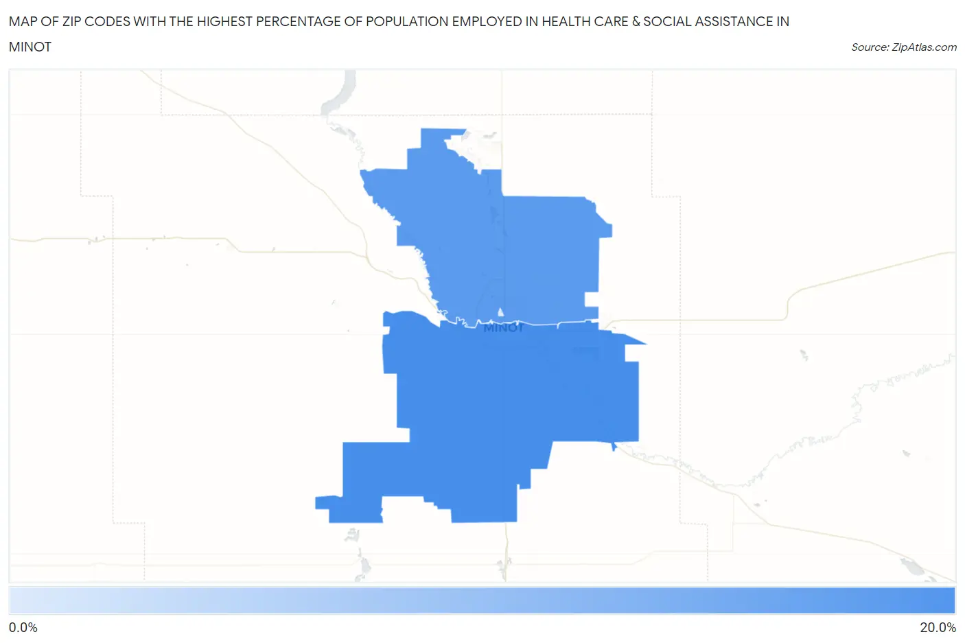 Zip Codes with the Highest Percentage of Population Employed in Health Care & Social Assistance in Minot Map