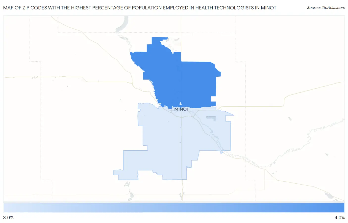 Zip Codes with the Highest Percentage of Population Employed in Health Technologists in Minot Map