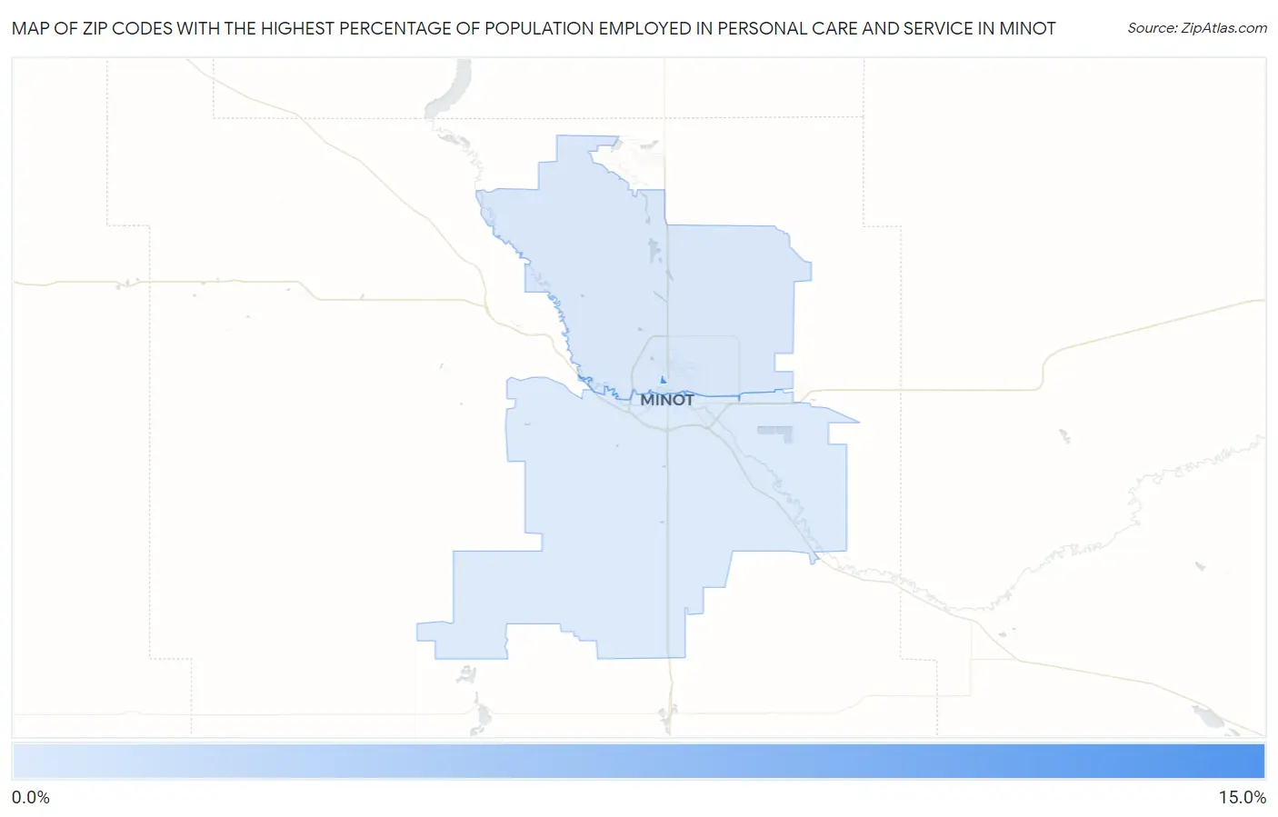 Zip Codes with the Highest Percentage of Population Employed in Personal Care and Service in Minot Map
