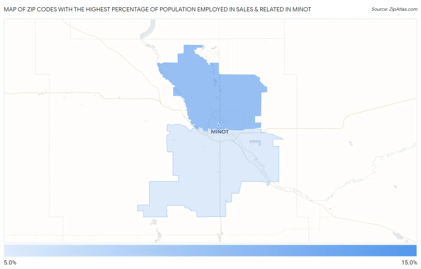 Zip Codes with the Highest Percentage of Population Employed in Sales & Related in Minot Map