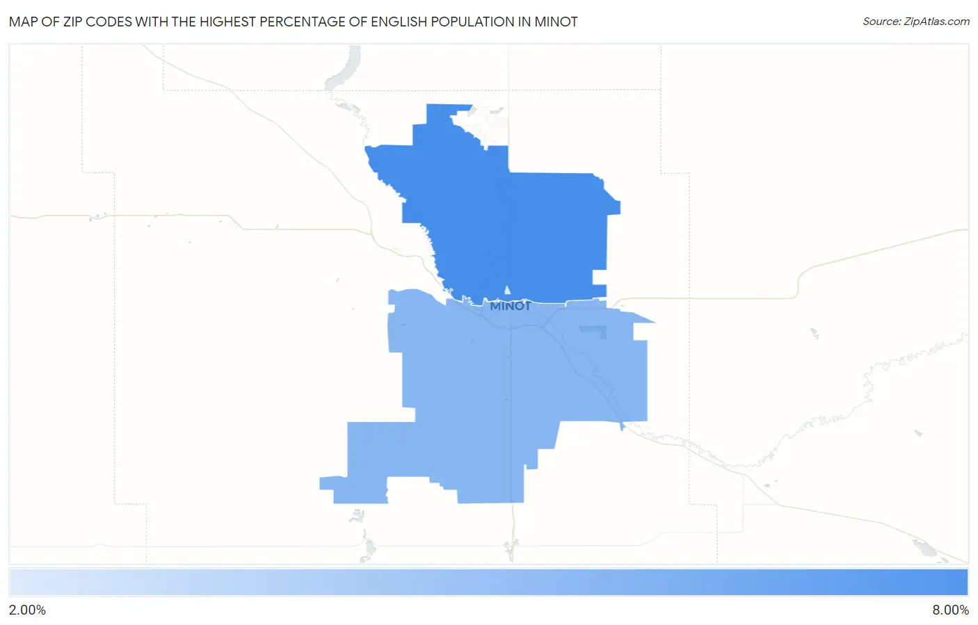 Zip Codes with the Highest Percentage of English Population in Minot Map